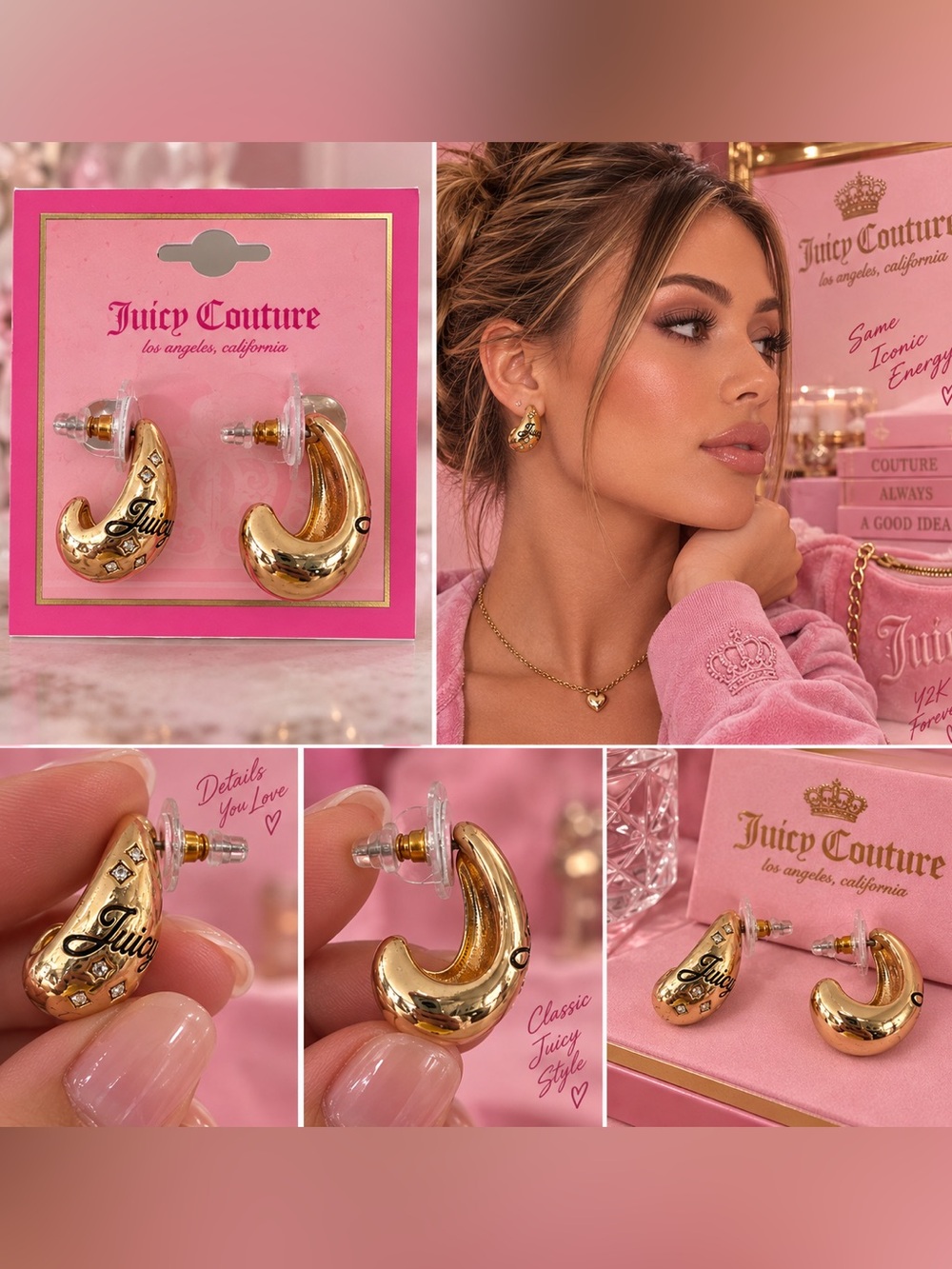 Juicy Couture Gold Crescent Hoop Earrings with Logo Accents